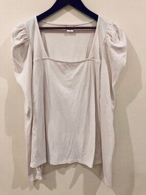 Treasure & Bond Women's Puff Shoulder Square Neck Ribbed White Cotton Blouse M
